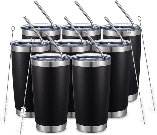 COMOOO 20oz/8Pack Black Tumbler Double Wall Vacuum Insulated Coffee Travel Mug Stainless Steel Tumbler with Lid and Straw Coffee Cup for Cold Drinks & Hot Beverage, Home and Outdoor (Black, 8 Pack)