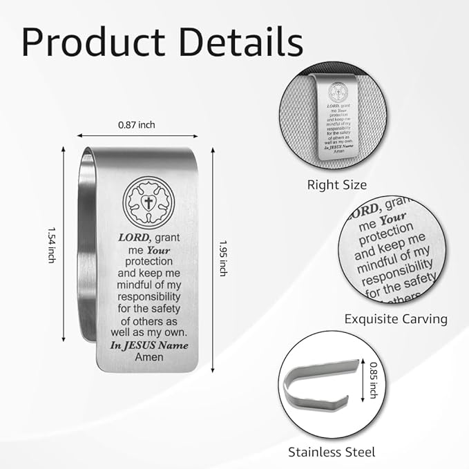Lord, Grant Me Your Protection and Keep Me Mindful Engraved Stainless Steel Car Visor Clip, Travels Visor Car Accessories for Women Men, Safe Driving Religious Gifts for Family Friend Driver