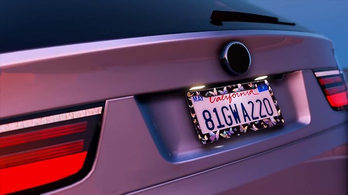 2PCS Beautiful Butterfly Pattern License Plate Frames for Men Women - Universal Aluminum Stainless Steel Personalized Car Tag Covers Holder with Screws, Caps, Rattle Proof Pads and Handlebar Stickers