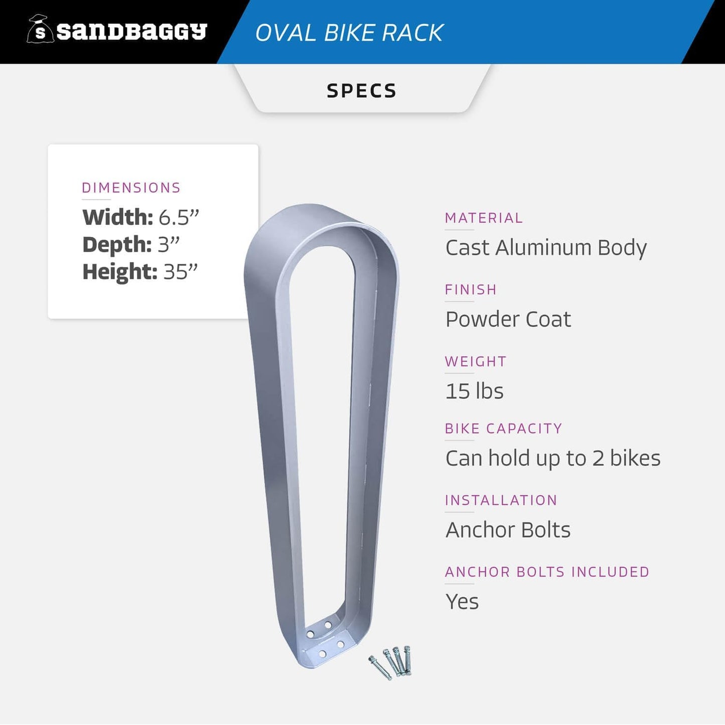 Sandbaggy Modern Commercial Bike Rack | 6.5” x 3” x 35” Oval Design | In-Ground | Anchor Bolts Included (Blue, 8)