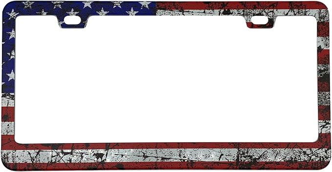 USA Grunge Flag Patriotic License Plate Frame Cover for Men/Women, Powder Coated Stainless Steel Auto Car Tag Frame with 2 Holes & Free Screws