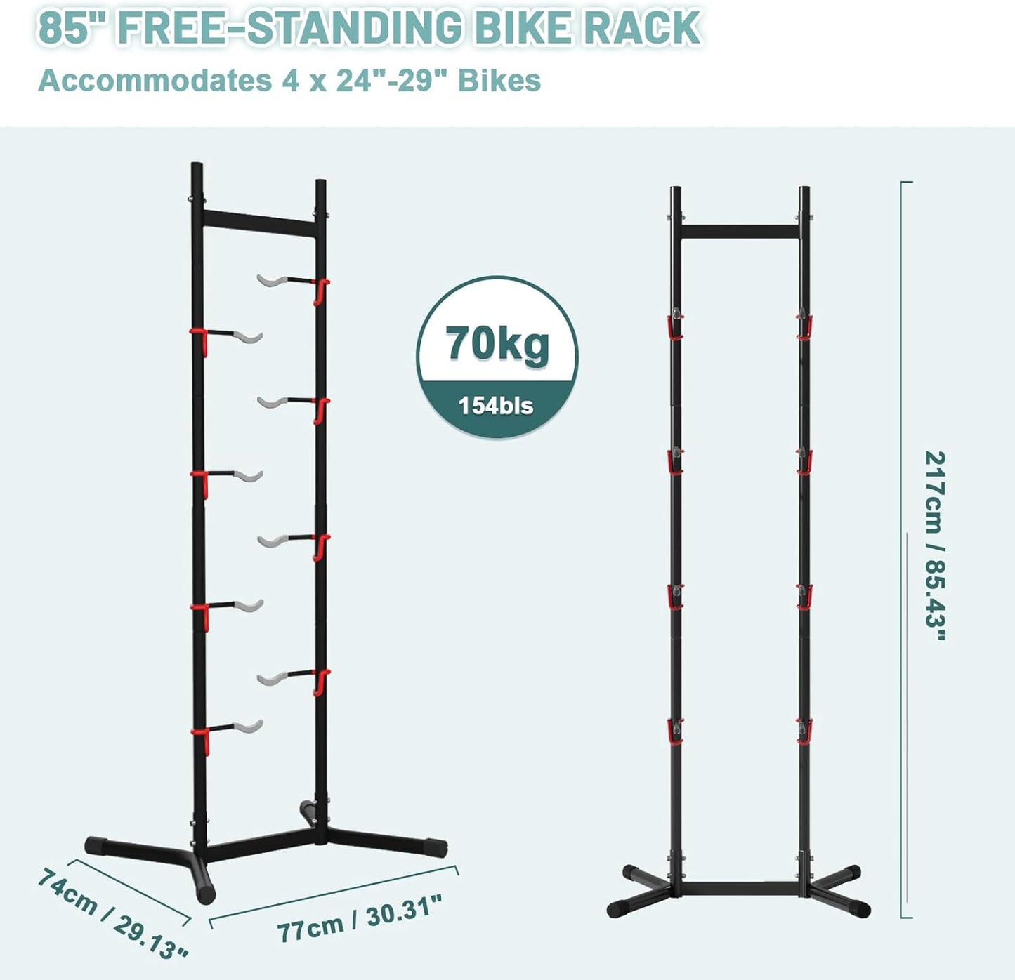 Urban Deco 2-4 Bike Storage Rack Garage Max154lbs, Freestanding Indoor Bike Rack with Adjustable Hooks, Vertical Bike Floor Stand for Road, Mountain and Hybrid Bike, Black