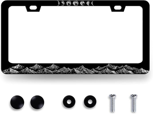 Mountains with Moon Phase License Plate Frame Moon License Plate Holder Funny Auto Parts Stainless Steel Universal Cars Decoration for Men Women 12.2" x 6.2"