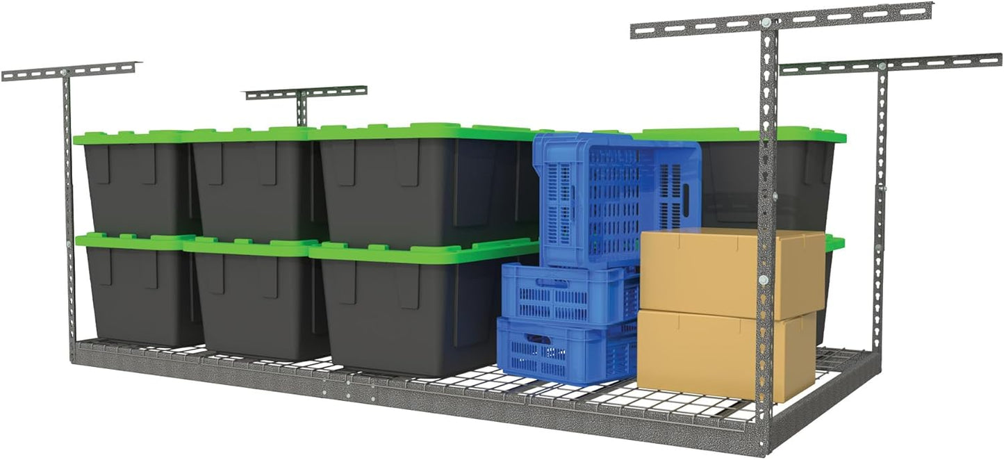 MonsterRax Overhead Garage Storage Rack - 4 x 8 Ceiling Racks for Garage Shelving, Organization, Adjustable Hanging Storage, Grey, 12"- 21" Height Adjustment