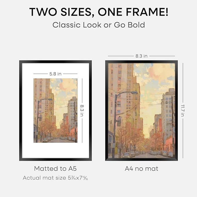 Homeforia A4 Picture Frame Black, High End Metal 8.3 x 11.7 Frames for Wall, A4 Photo Frame with Mat for A5 inch Print, 8.25 by 11.75 Black Poster Frames, 8.3x11.7 Frame with Glass, Wall Kit, Set of 3