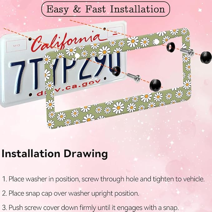 2pcs Retro Daisy Flowers Floral License Plate Frame for Women,Lime Green Vintage Plant car Decorative tag Frames Girly,Cute Green Floral License Plate Cover Holder for Vehicle with car Keychain tag
