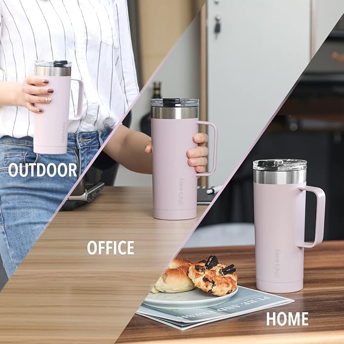 Life's Easy 20oz Stainless Steel Mug w/Handle - Double Wall Insulated Travel Tumbler w/Flip Lid - Leak Proof Tumbler-Thermal Cup for Coffee, Tea & More - Keep Hot & Cold Drinks (Lavender, 20 oz)