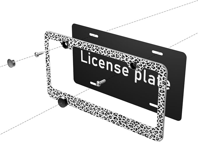 Snow Leopard Print License Plate Frame，White Grey Cheetah License Plate Cover，Aluminum Metal Novelty Decorative for Front Rear Car Tag Holder 2 Hole with Screws Fits for Men and Women