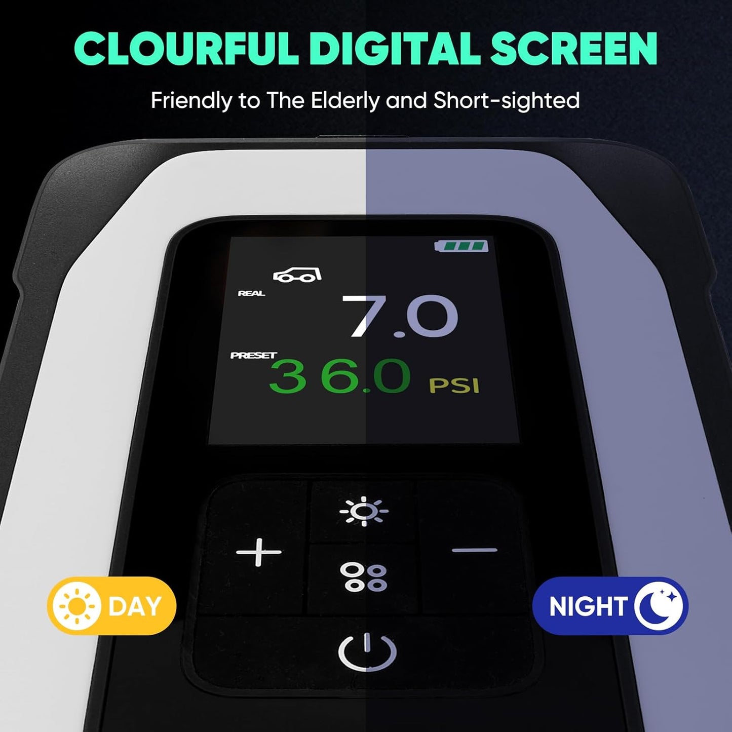 BY01 Tire Inflator Portable Air Compressor for Large Tires,Smart Air Pump with Dual Cylinder,Clourful Digital Sceen,Atuo Stop,150PSI Electric 16000mAh Cordless 12V Corded Dual-Use