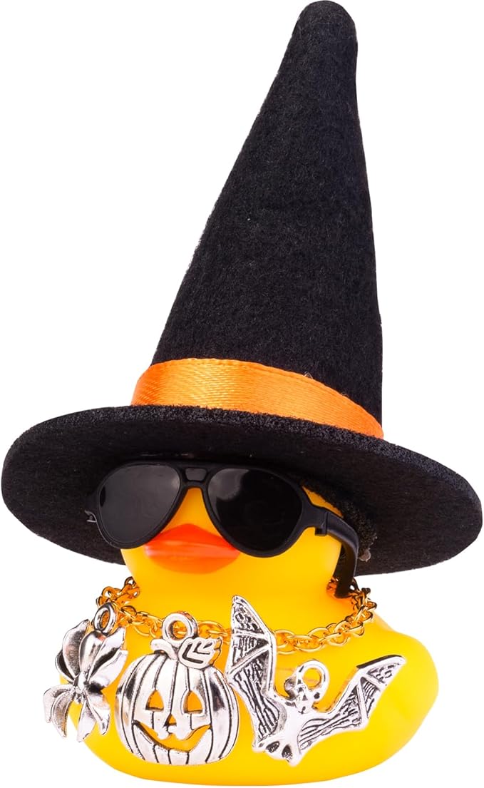 Rubber Duck Car Ornaments Yellow Duck Car Dashboard Decorations with Mini Witch Hat Sunglasses Necklace and Cute Accessories for Party Gifts(H5)