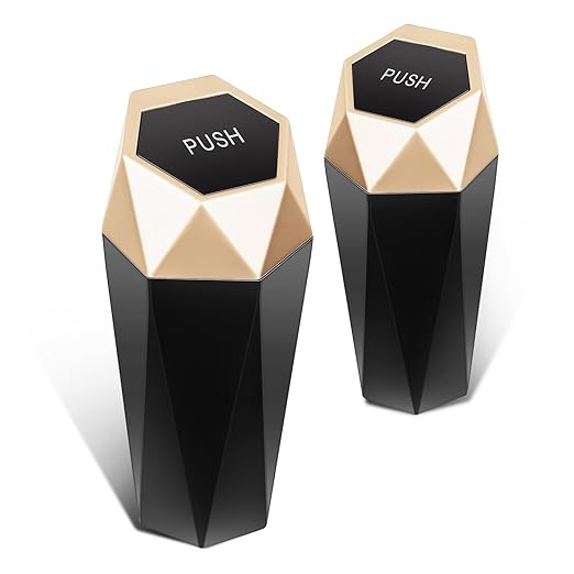 DNA MOTORING 2PCS Mini Car Auto Trash Can with Removable Lid, Leakproof Mini Garbage Bin for Automotive Home Office,Black/Gold,Set of 2,ZTL-OD-01-GD