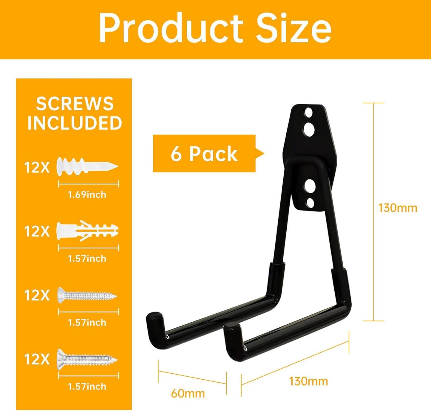 WIN&YING 6 Pack Steel Garage Storage Hooks, Heavy Duty Wall Mounted Storage Hanger, Anti-Slip Tool Organizer for Hanging Ladders, Hose, Bulk Items, Power and Garden