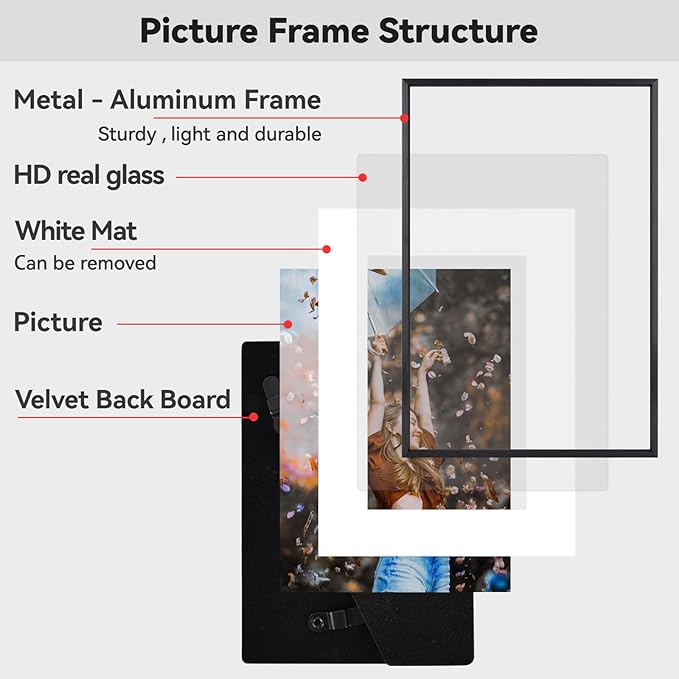 8x10 Picture Frame, Black Aluminum Metal Photo Frames with HD Glass, Fits 5x7 with Mat or 8 x 10 without Mat, Display for Wall and Table