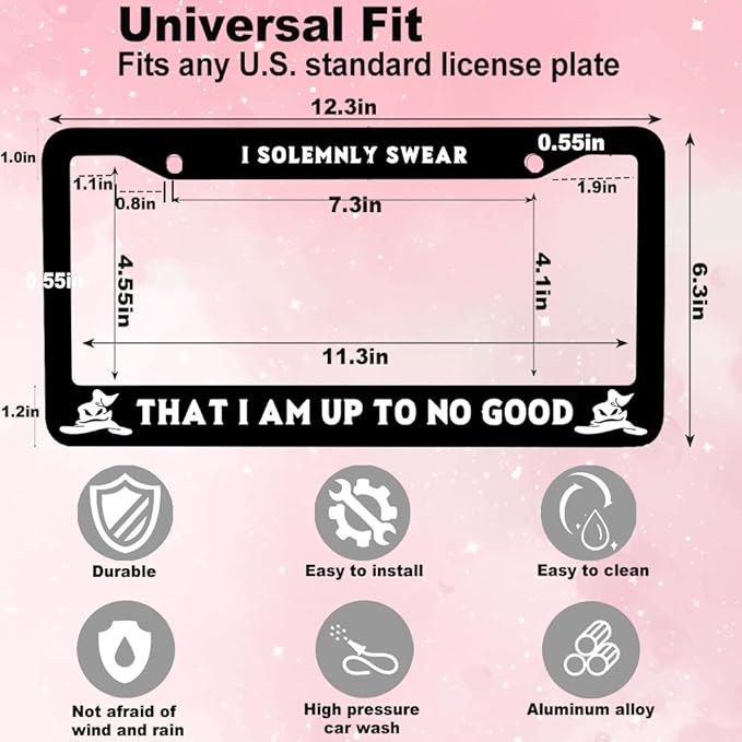 2pcs I Solemnly Swear That I Am Up to No Good License Plate Frame for Women, Funny car Decorative tag Frames Girly, License Plate Cover Holder for Most us Vehicle