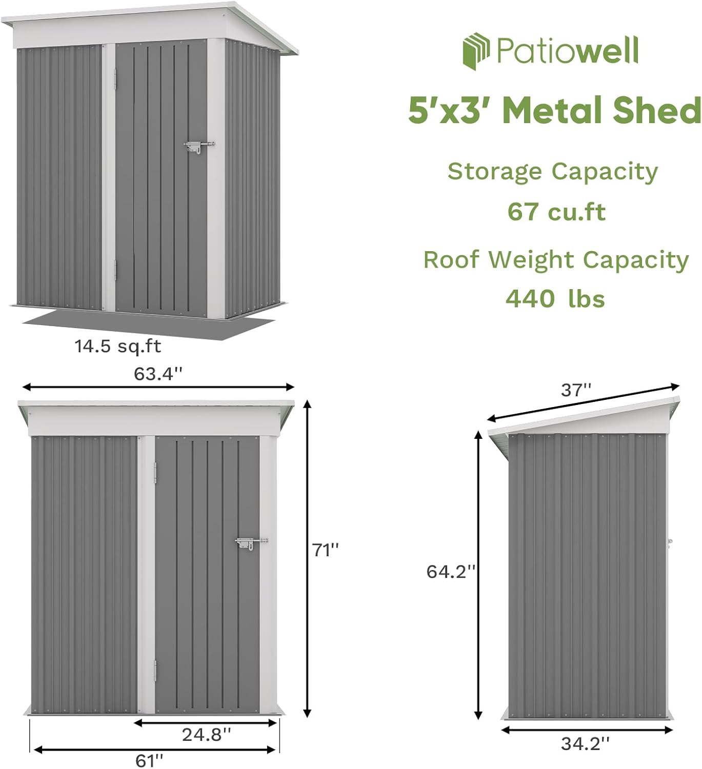 Patiowell 5x3 FT Outdoor Storage Shed, Garden Tool Shed with Sloping Roof and Lockable Door, Metal Shed for Backyard Garden Patio Lawn, Gray
