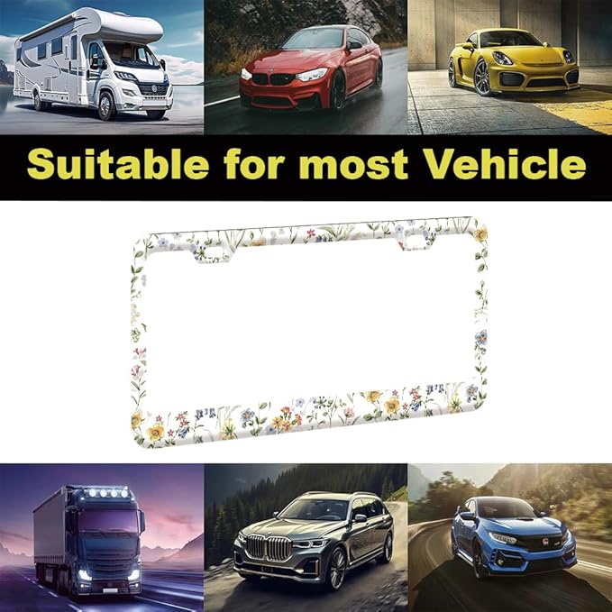 2pcs Wild Flowers Floral License Plate Frame for Women,White Nature Plant car Decorative tag Frames Girly,White Floral License Plate Cover Holder for Vehicle with Double Sided car Keychain tag