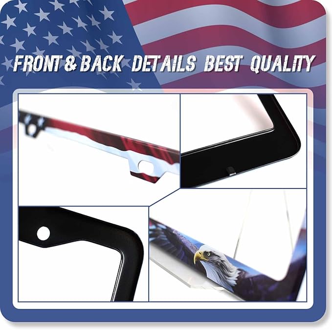 1PCS Bald Eagle American Flag License Plate Frame Holder - USA Stars and Stripes Auto Universal Aluminum Matte Car Tag Holder Covers with Sticker & Screws for Men