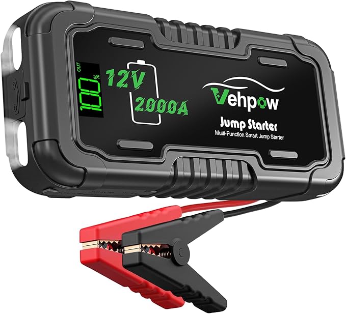 Car Battery Jump Starter, 2000A 12V Lithium Battery Booster Pack, 20000mAh Portable Jump Box, Power Bank & Emergency LED Light, Jumper Cables - for 8.0L Gas and 6.0L Diesel Engines