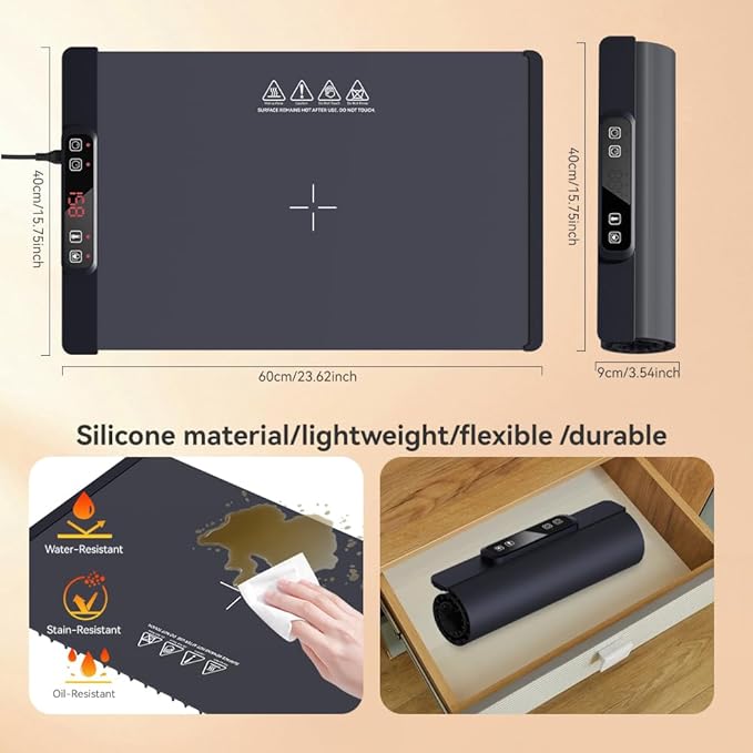 Electric Warming Tray, Fast Full Surface Heating Food Warming Mat, Portable Silicone Warmer with 5 Adjustable Temperature & Auto Shut-Off, Foldable Food Warmer for Parties, Gatherings, Daily Use