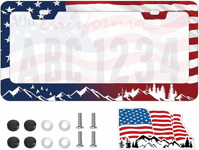 1PCS Red & Blue American Flag Moutains License Plate Frame Holder - USA Stars and Stripes Auto Universal Aluminum Matte Car Tag Holder Covers with Sticker & Screws for Men