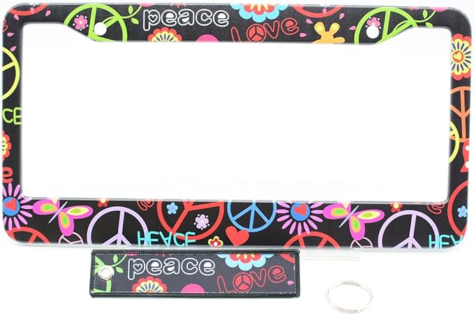 2pcs Hippies Peace Floral License Plate Frame for Women, Funny Love and Peace car Decorative tag Frames Girly, Hippie Peace Flower License Plate Cover Holder for Vehicle with car Keychain tag