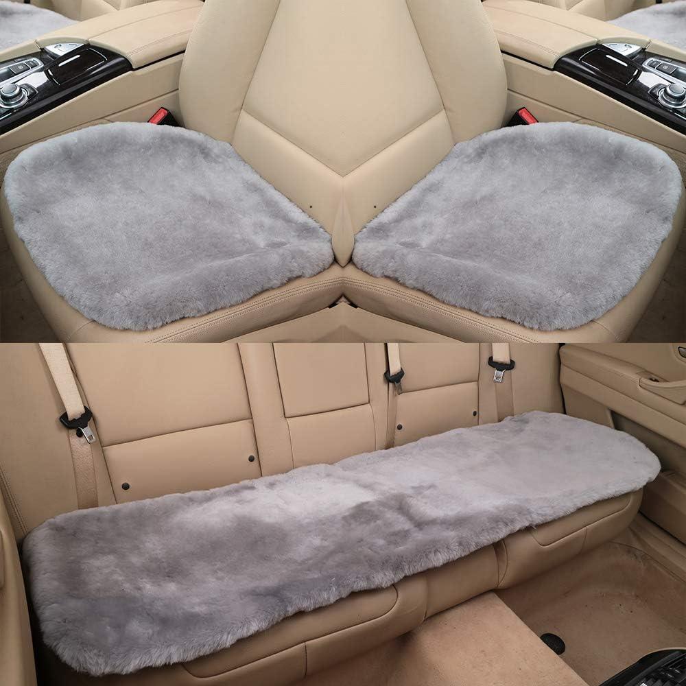 Fluffy Genuine Sheepskin Car Back Seat Cover for Auto Fuzzy Interior Accessories with Soft Wool Eco-Friendly Natural Fur Non-Slip (Misty Gray, Back)