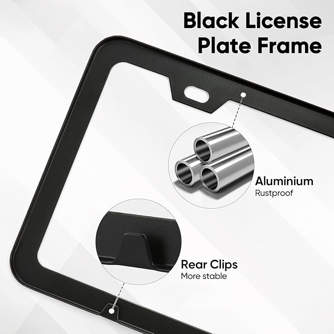 2 Pack License Plate Frames, 4 Holes Matte Black License Plate Frame, Aluminum License Plate Holder with Free Screws Fasteners Caps and Tool