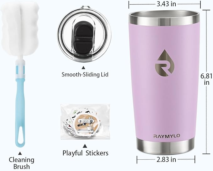 20 oz Coffee Tumbler - Insulated Stainless Steel Travel Mug for Hot/Cold, Spill Proof with BPA-Free Detachable Lid, Coffee Cup Fits Most Car holder, Includes Chic Stickers, Light Purple