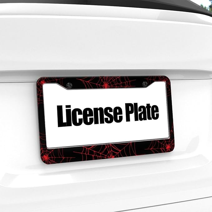 Red Spider Web License Plate Frame - 1 Pack Novelty Black Cobweb License Plate Holder，Aluminum Metal Car Tag Cover with 2 Holes and Screws，Customized Decorative for US Vehicle Standard for Women Men