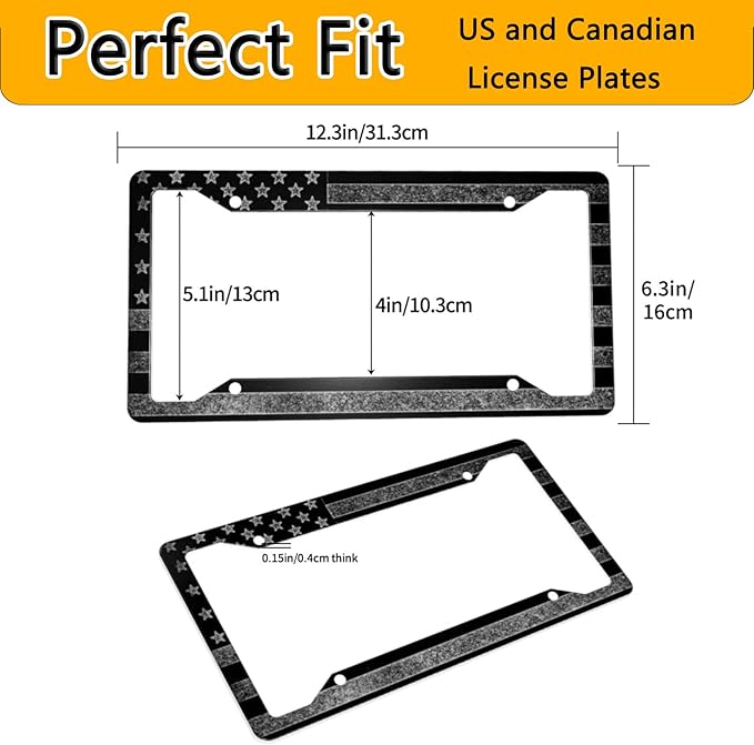 License Plate Frame 2 Pack Front Rear Aluminum Metal Rust-Proof Universal Car Tag Frames Holder with 4 Holes Car Decor Accessory with Screws for Men Women - Black Grey American Flag