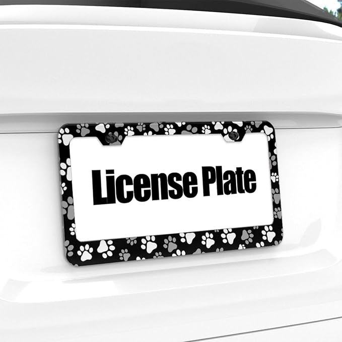Paw Print License Plate Frame - 1 Pack Funny Animal Black White Dog Paw License Plate Holder Aluminum Metal Car Tag Cover with 2 Holes Customized Decorative for US Vehicle Standard for Women Men