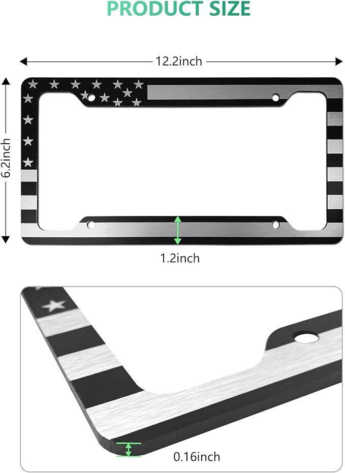 American Flag License Plate Frame- Black Front Rear Patriotic USA ‌Car Tag Frames, 2 Pack Heavy Duty Brushed Aluminum Plastic Composite Holder with Screws Caps
