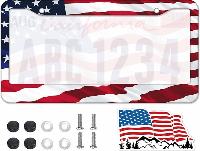 1PCS American Flag License Plate Frame Holder - USA Stars and Stripes Auto Universal Aluminum Matte Car Tag Holder Covers with Sticker & Screws for Men (A-Wave, 1 PCS)