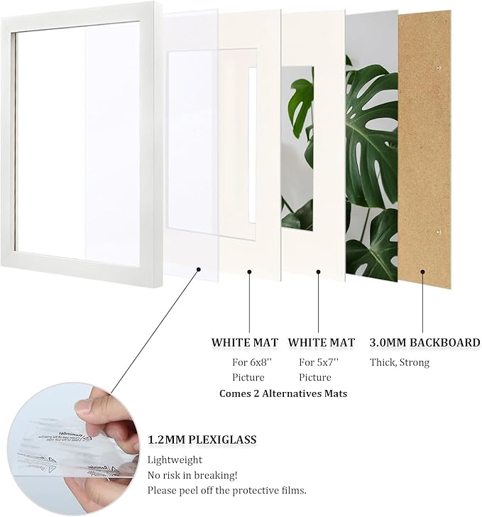 Egofine 9x12 Picture Frames 4PCS Covered by Plexiglass, Wood Frames for Pictures 5x7/6x8 with Mat or 9x12 without Mat, Tabletop and Wall Mounting Display, White with Texture