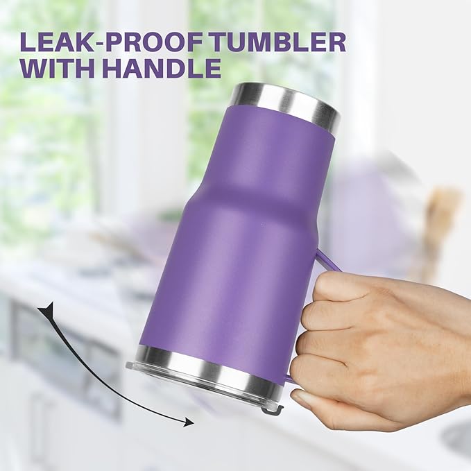 20 oz Tumbler with Handle, Stainless Steel Insulated Tumbler with Lid and Straw, Double Wall Vacuum Insulated Coffee Mug Tumbler, Insulated Coffee Thermal Cup for Cold and Hot（Purple）