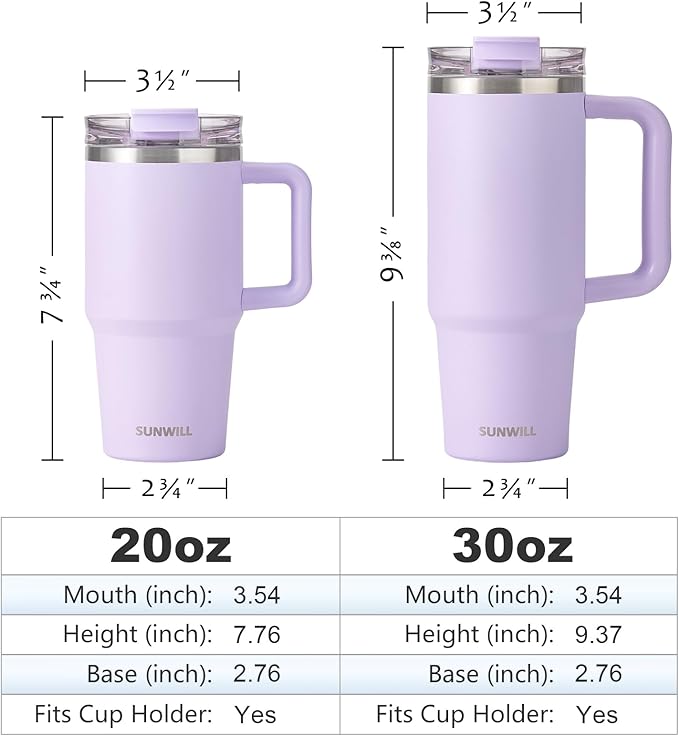 SUNWILL Coffee Tumbler with Handle, 30 oz Travel Mug with Lid and Straw Insulated, Stainless Steel Cup Leak Proof for Travel & Outdoor, Cupholder Friendly, Powder Coated Orchid