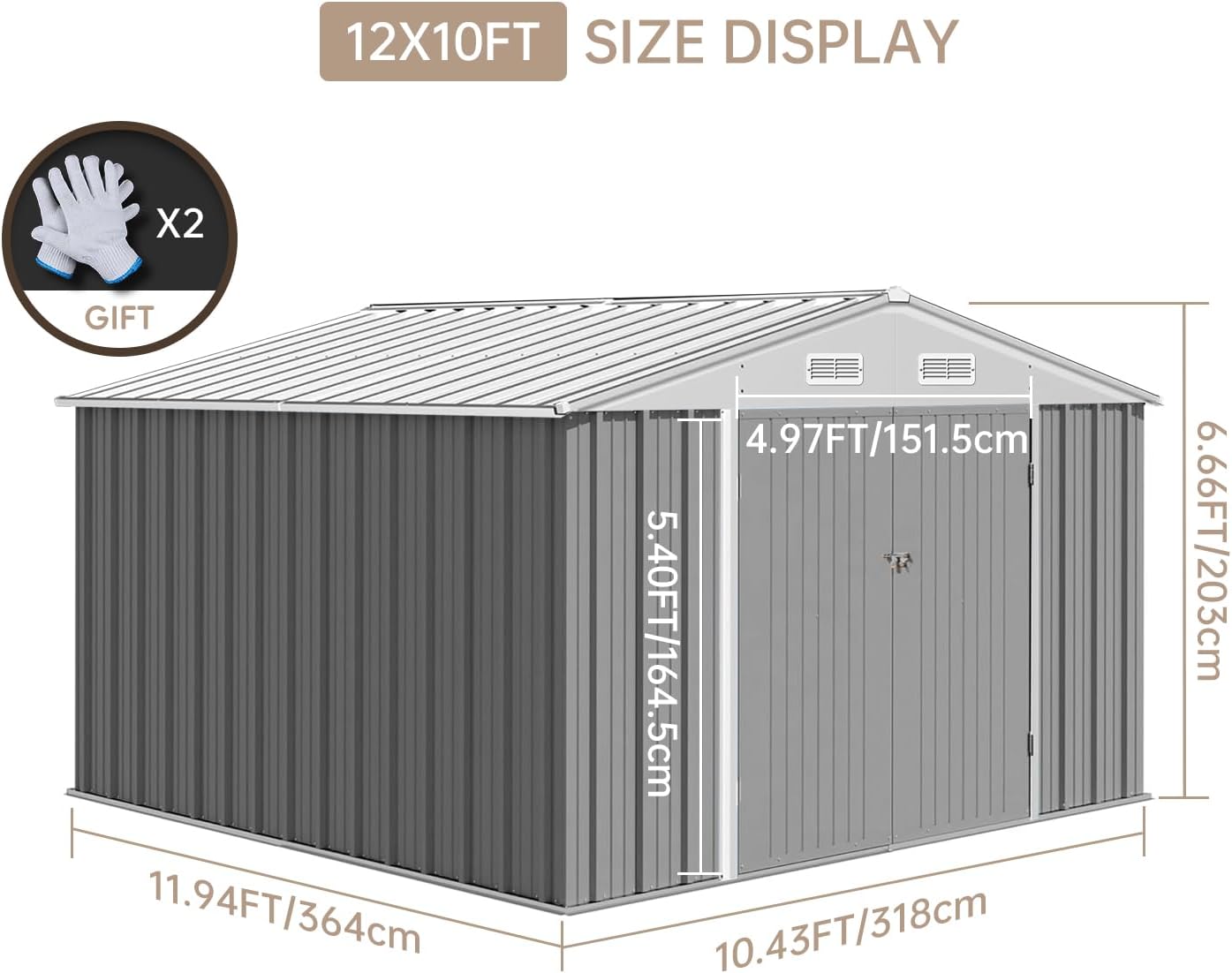12x10 Ft Outdoor Storage Shed, Large Steel Multipurpose Yard Shed, Metal Outdoor Tool Shed with Sloped Roof and Door Lock Design for Organizing Tools & Equipment in Yard, Garden, Grey