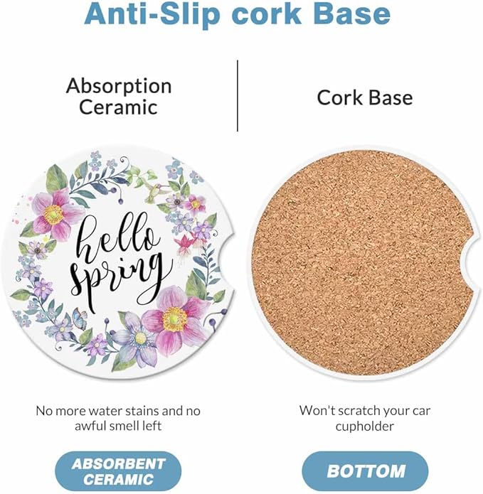 Hello Spring 2 Pack Car Cup Holder Coaster Anti Slip Insert Absorbent Ceramic Car Coaster with Cork Base and Finger Notch Cute Car Accessories Interior for Women Men