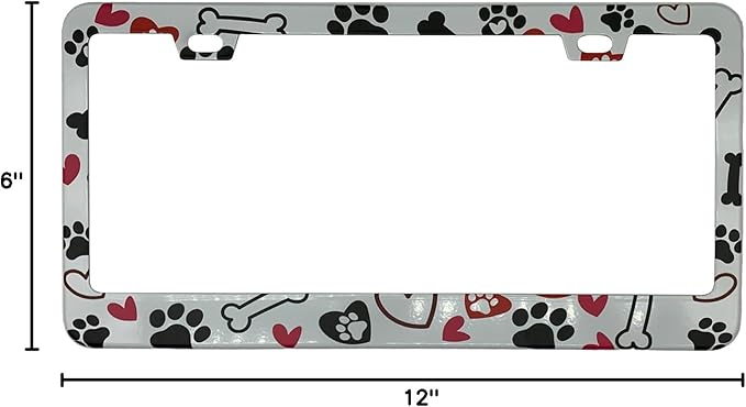 Black Dog Paw Prints Bones and Red Hearts License Plate Frame Cover, Matte White Powder Coated Stainless Steel, Animal Print Auto Car Tag Frame with 2 Holes & Free Screws