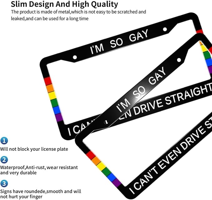 Rainbow Gay License Plate Frame Personalized LGBT Pride License Plate Cover Aluminum Metal Novelty Decorative for Front Rear Car Tag Holder 2 Hole with Screws Fits for Men Women 1 Pcs