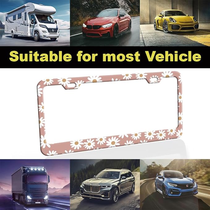 2pcs Pink Daisy Floral Aluminum License Plate Frame for Women, Daisies Flowers car Decorative tag Frames Girly, Retro Daisies License Plate Cover Holder for Vehicle with Double Sided car Keychain tag