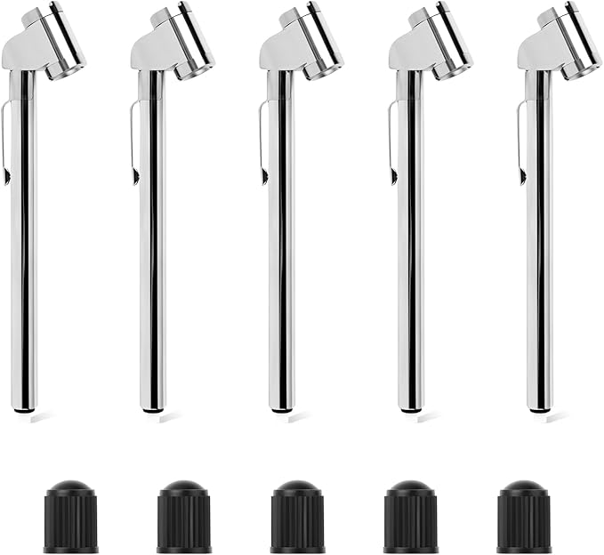 MEANLIN MEASURE 5Pcs Silver Double Straight Type Tire Pressure Gauge，Dual Head Air Pressure Gauge with 5Pcs Black Stem Caps，Pressure Range 10-120 Psi (Suitable for Trucks, etc.)