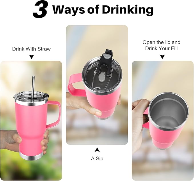 20 oz Tumbler with Handle, Stainless Steel Insulated Tumbler with Lid and Straw, Double Wall Vacuum Insulated Coffee Mug, Insulated Coffee Thermal Cup for Cold and Hot (Rose Red)