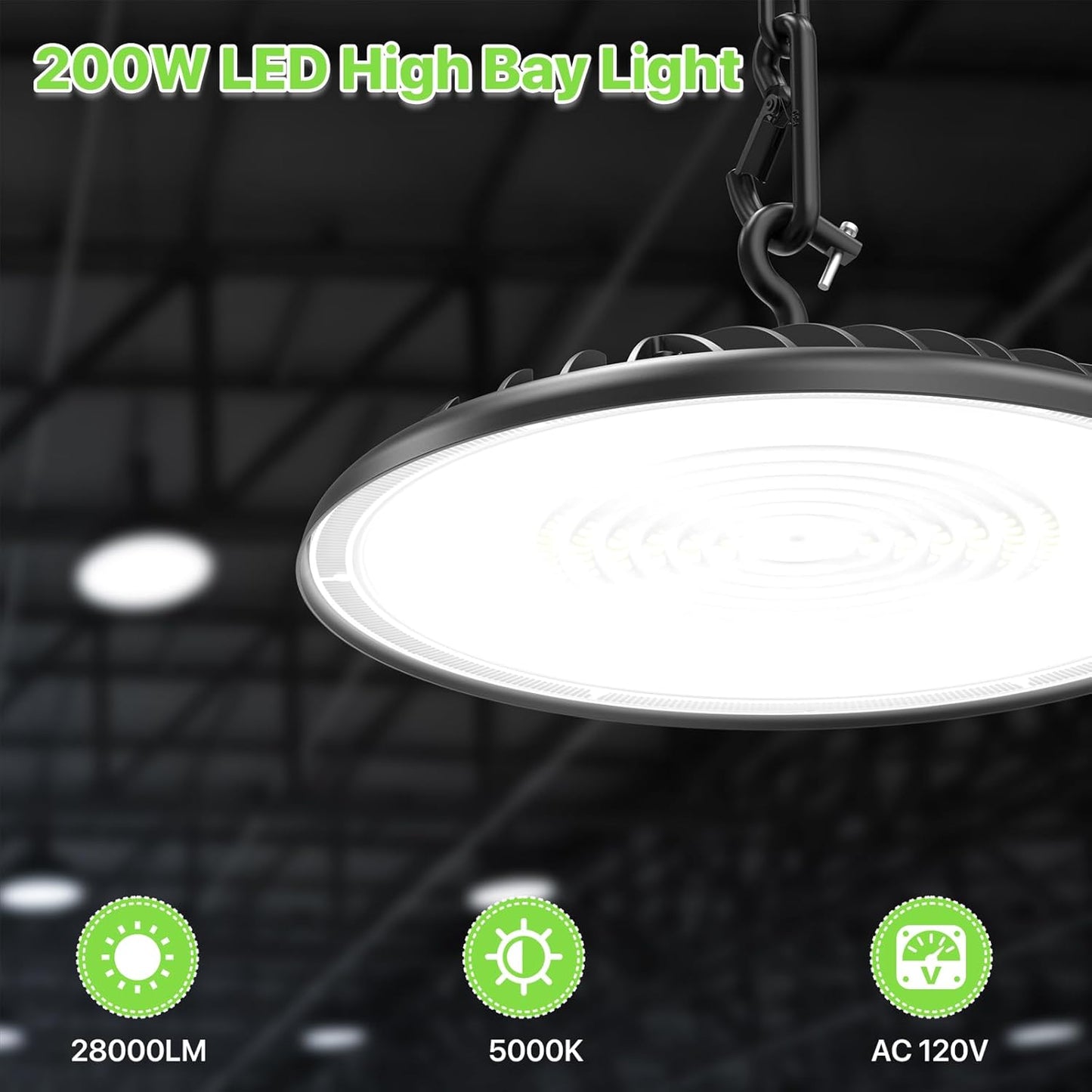 High Bay LED Shop Lights 200W - 28000LM 5000K IP65 Waterproof High Bay Lights with US Plug, Hanging Hook, 4 Pack Commercial Bay Lighting for Barn, Warehouse ETL Listed