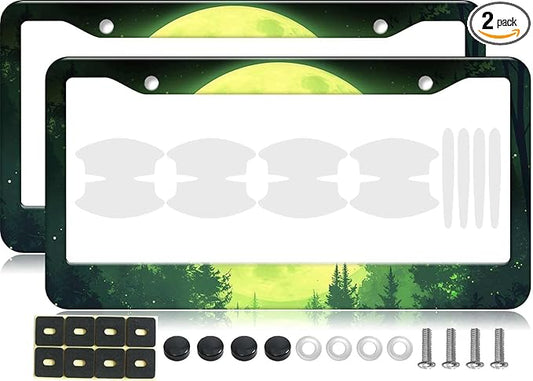 2PCS Green Full Moon Pattern License Plate Frames for Men Women - Universal Aluminum Stainless Steel Forest Car Tag Covers Holder with Screws, Caps, Rattle Proof Pads and Handlebar Stickers