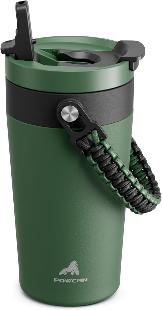 16 oz Insulated Coffee Mug for Commuters: 2-in-1 Straw Flip Lid, Keep Cold 24H, Fit in Car Cupholder, Leakproof, Stainless Steel Coffee Tumbler with Handle for Office, Travel, Gifts and Home (Forest)