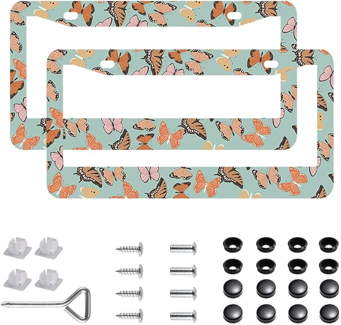 2Pcs Butterfly License Plate Frames Cover Holders Stainless Steel Butterfly License Plate Cover with Screw Caps Cover and Screwdriver Set - 2-Hole for Girl Women (Butterfly)