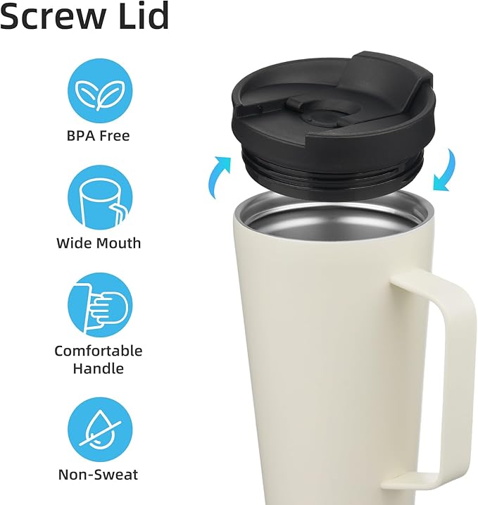 Insulated Tumbler with Handle and Straw, 18 OZ Travel Coffee Mug Stainless Steel Cup Metal Water Bottle,Angel White
