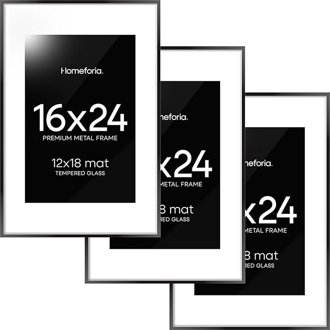 Homeforia 16 x 24 Picture Frame Black, High End Metal 24x16 Poster Frame, 16 x 24 Black Frames Matted to 12 by 18 inch Print, 24by16 Thin Frame with Mat 12x18 Photo, Tempered Glass, Wall Kit, Set of 3