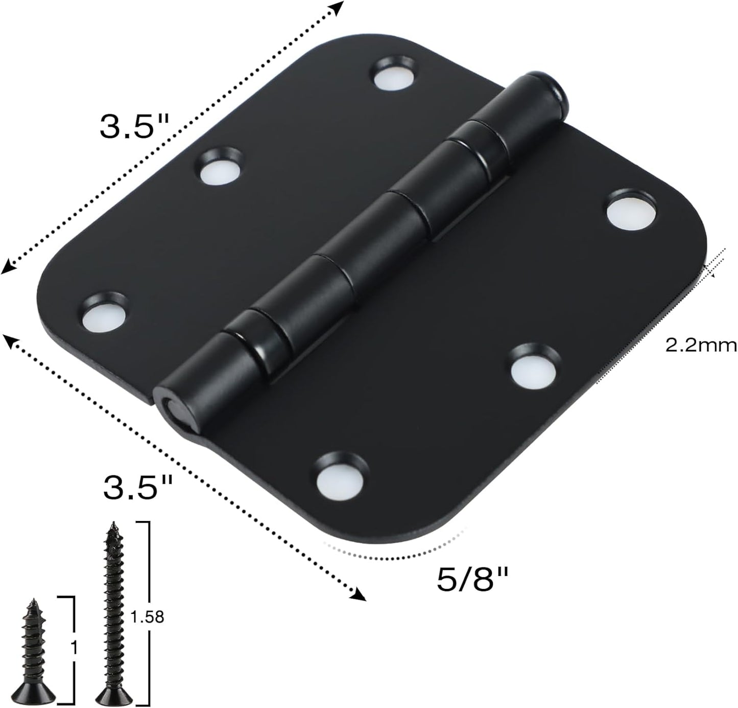 3 Pack Rounded Matte Black Door Hinges 3.5 Inch 5/8" Radius No Squeak Ball Bearing Interior 3-1/2"Flat Iron Bifold Residential Standard Bedroom Indoor for Doors 3 ½" Hardware Control House Home Decor